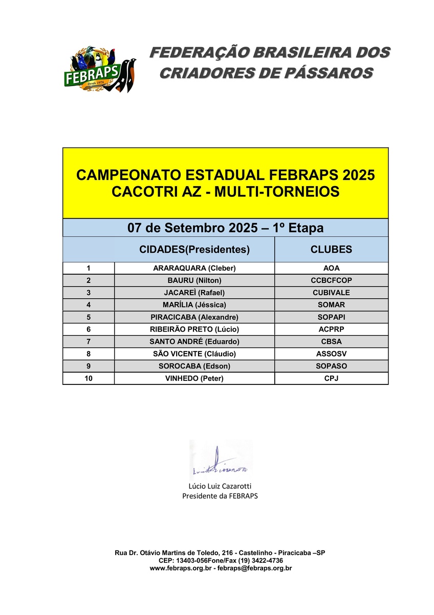 CALENDÁRIO ESTADUAL FEBRAPS  DE CACOTRI AZ 2025 - 1º ETAPA