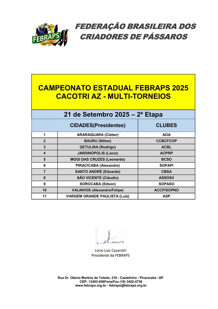 CALENDÁRIO ESTADUAL FEBRAPS  DE CACOTRI AZ 2025 - 2º ETAPA