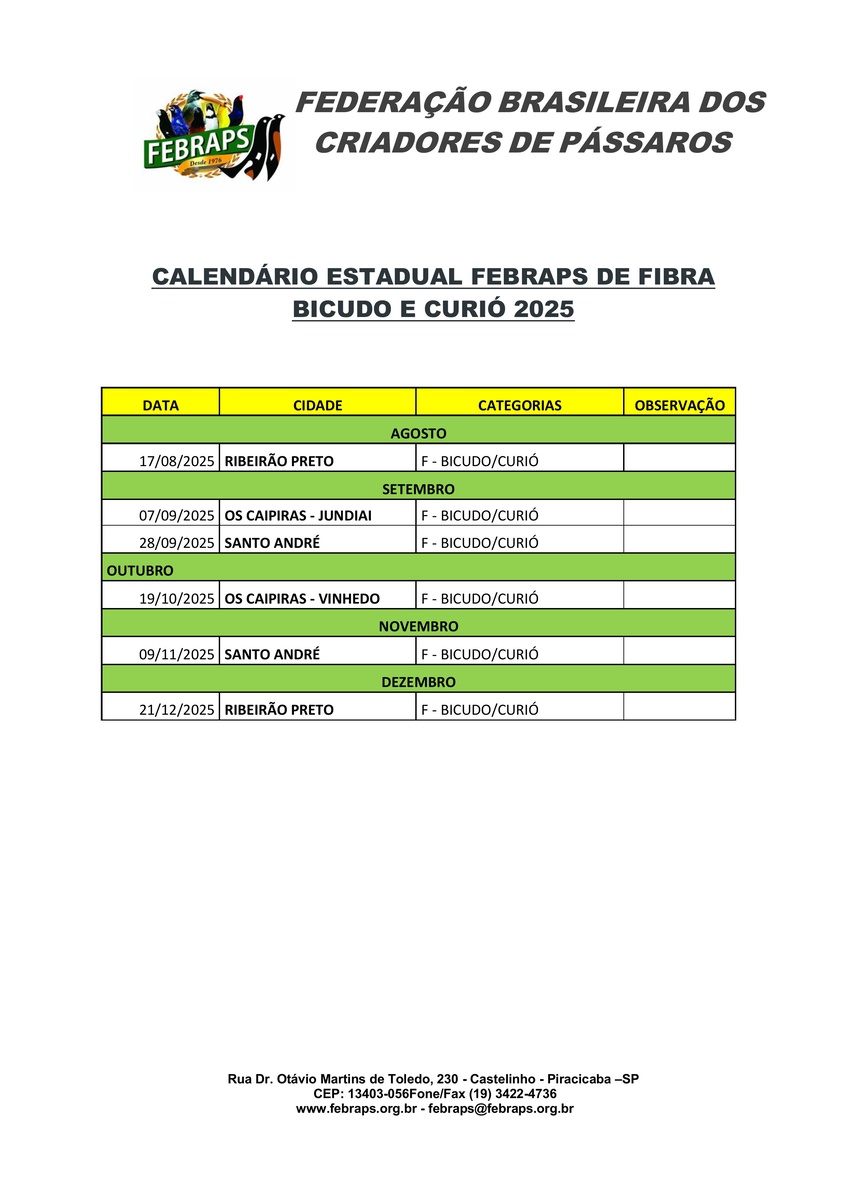 CALENDÁRIO ESTADUAL FEBRAPS DE BICUDO E CURIÓ 2025