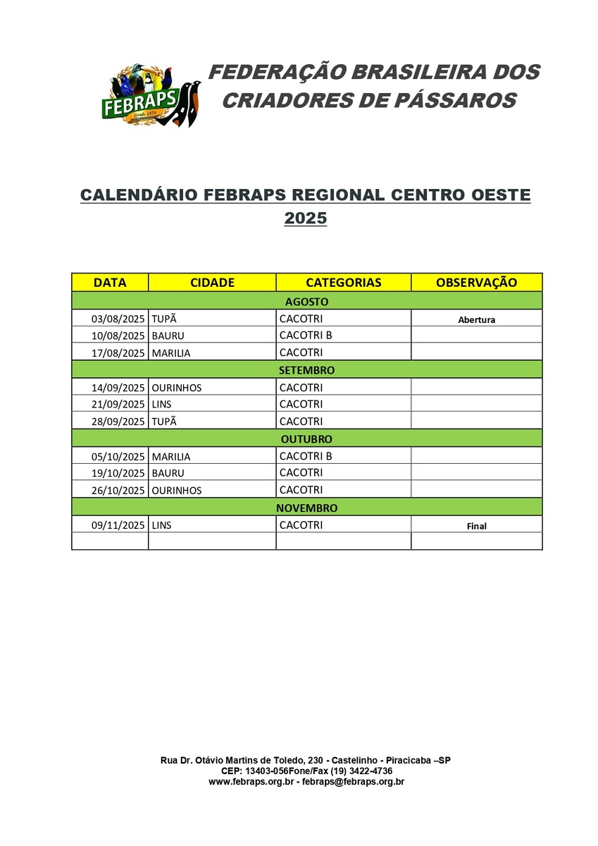CALENDÁRIO CENTRO OESTE FEBRAPS 2025