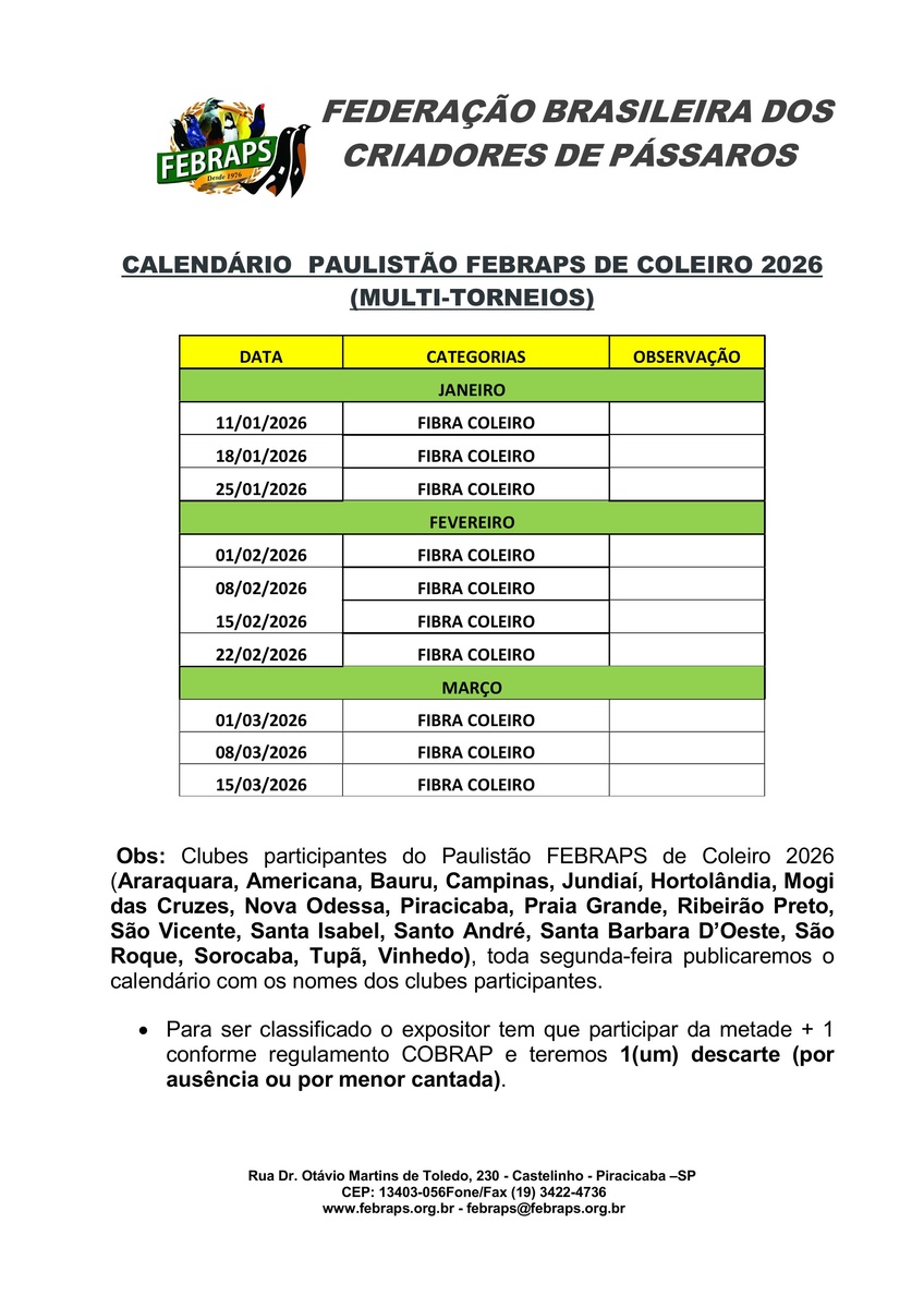 CALENDÁRIO PAULISTÃO FEBRAPS DE COLEIROS 2026