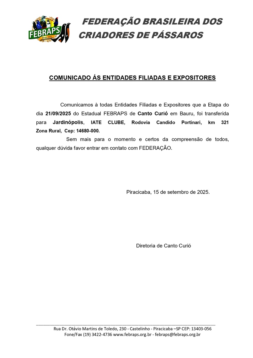 COMUNICADOS ÀS ENTIDADES E EXPOSITORES -  2º ETAPA DO ESTADUAL FEBRAPS DE CANTO DE CURIÓ - REGIÃO 1