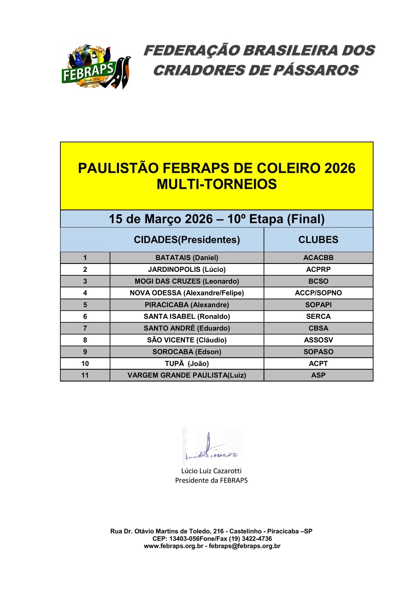 FINAL PAULISTÃO FEBRAPS DE COLEIROS 2026 - 10º Etapa - 15/03/2026