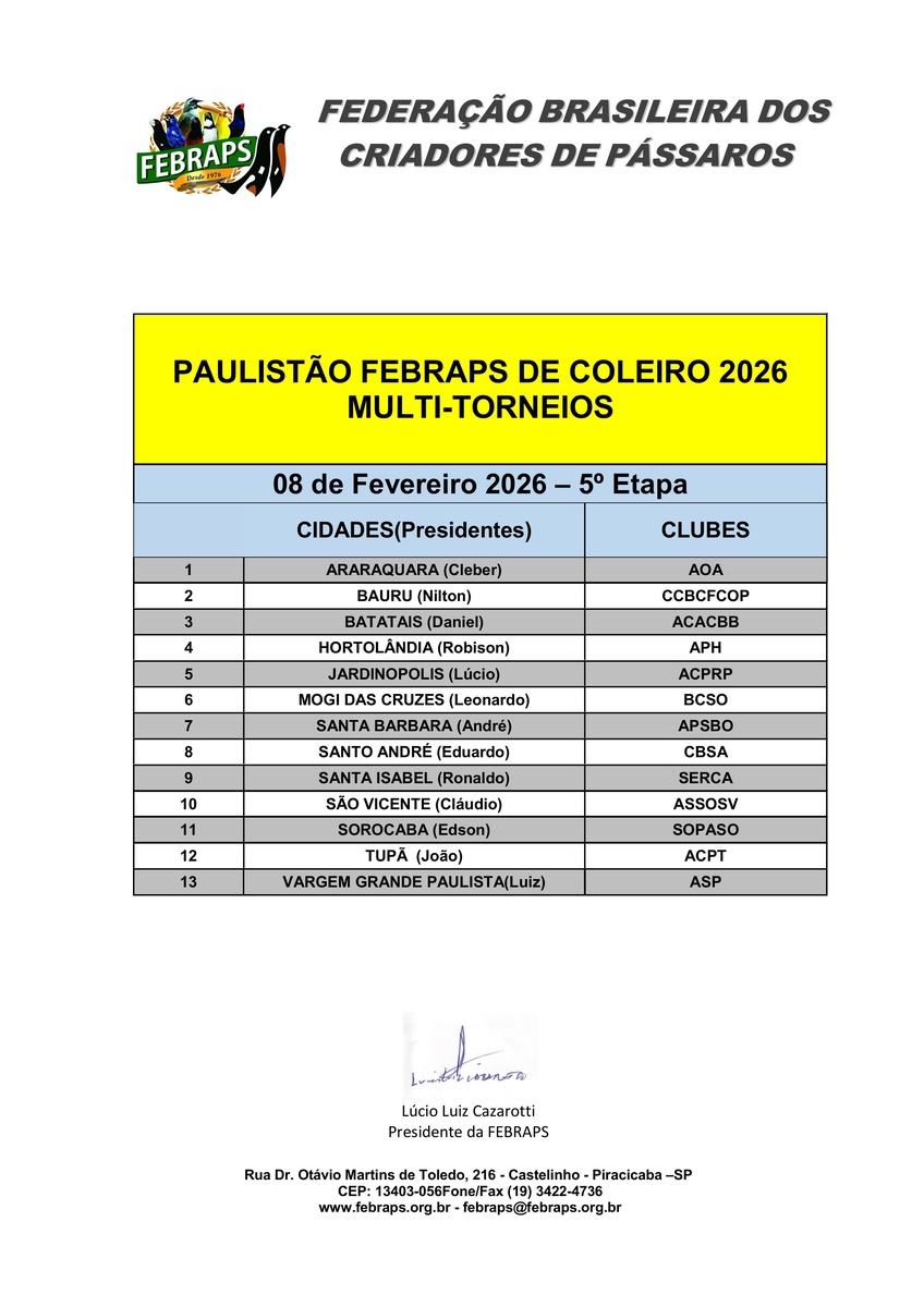 PAULISTÃO FEBRAPS DE COLEIROS 2026 - 5º Etapa - 08/02/2026