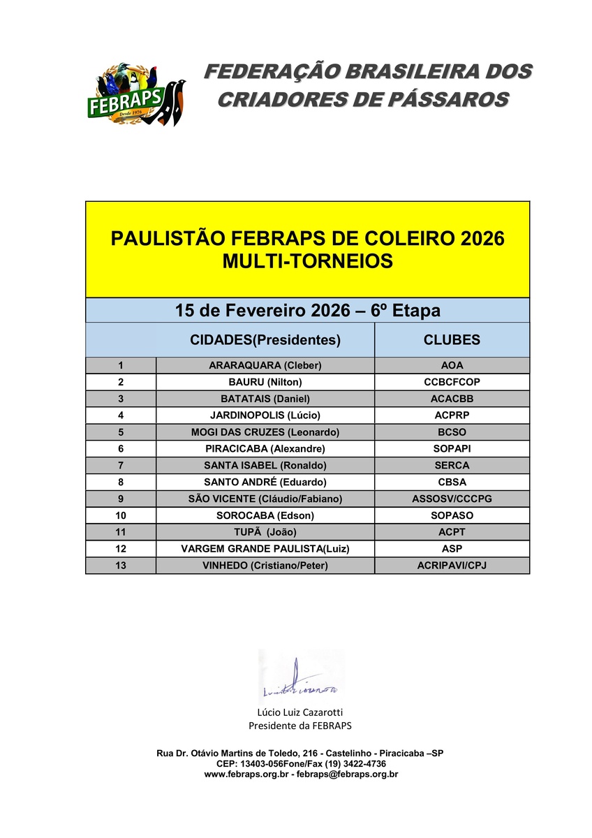 PAULISTÃO FEBRAPS DE COLEIROS 2026 - 6º Etapa - 15/02/2026