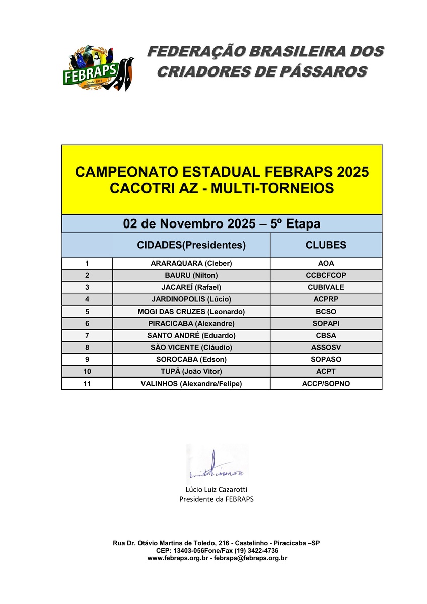 CALENDÁRIO ESTADUAL FEBRAPS  DE CACOTRI AZ 2025 - 02/11/2025 - 5º ETAPA