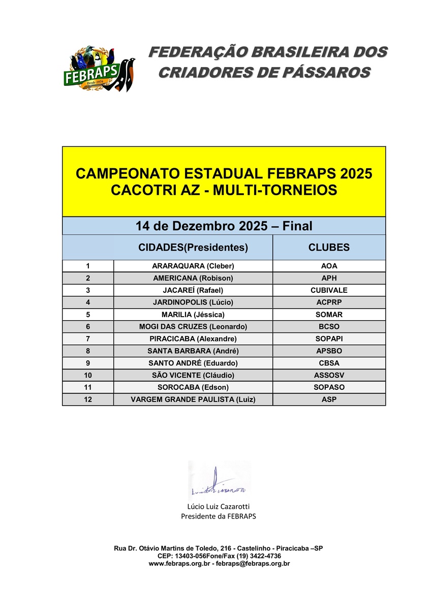 CALENDÁRIO ESTADUAL FEBRAPS  DE CACOTRI AZ 2025 - 14/12/2025 - FINAL