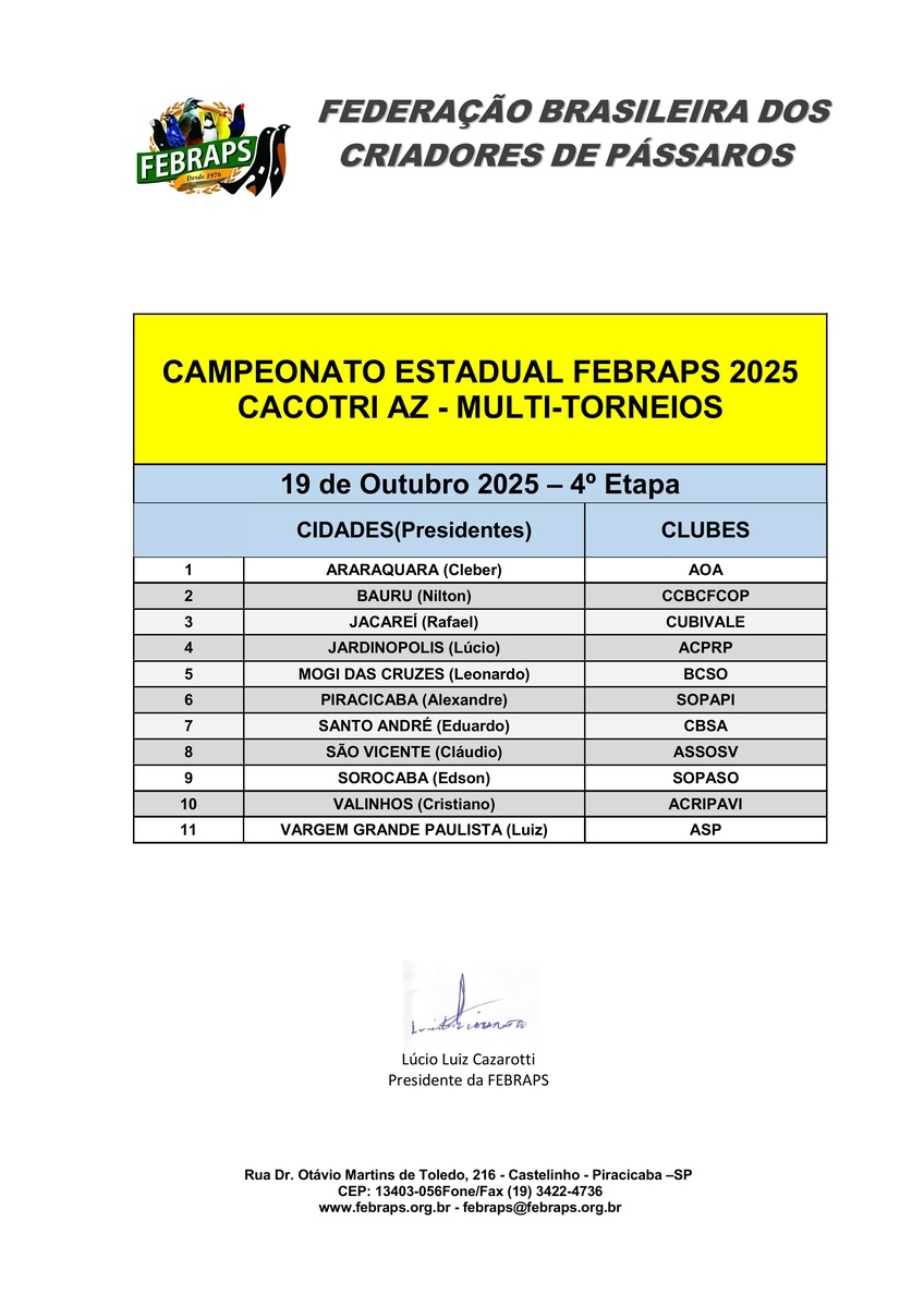 CALENDÁRIO ESTADUAL FEBRAPS  DE CACOTRI AZ 2025 - 19/10/2025 - 4º ETAPA