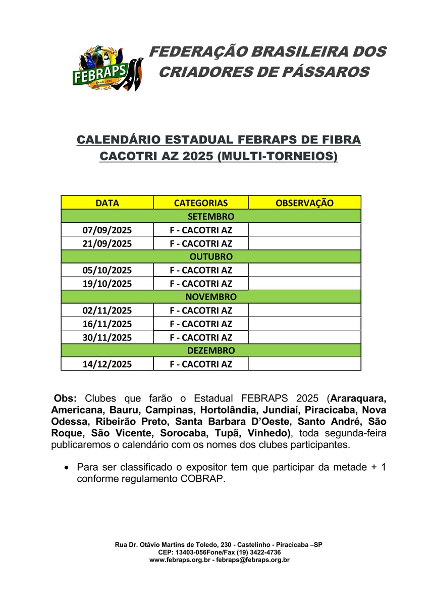CALENDÁRIO ESTADUAL FEBRAPS DE CACOTRI AZ 2025