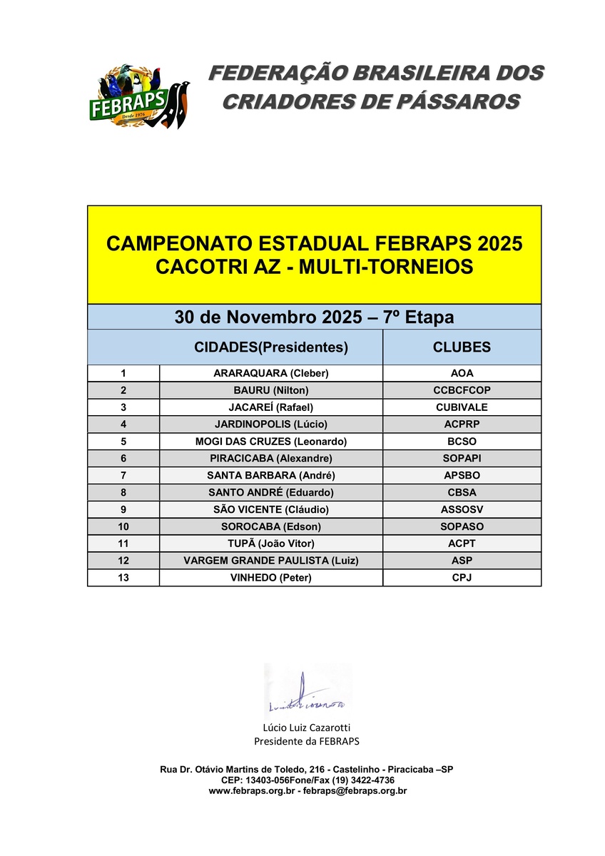 CALENDÁRIO ESTADUAL FEBRAPS  DE CACOTRI AZ 2025 - 30/11/2025 - 7º ETAPA